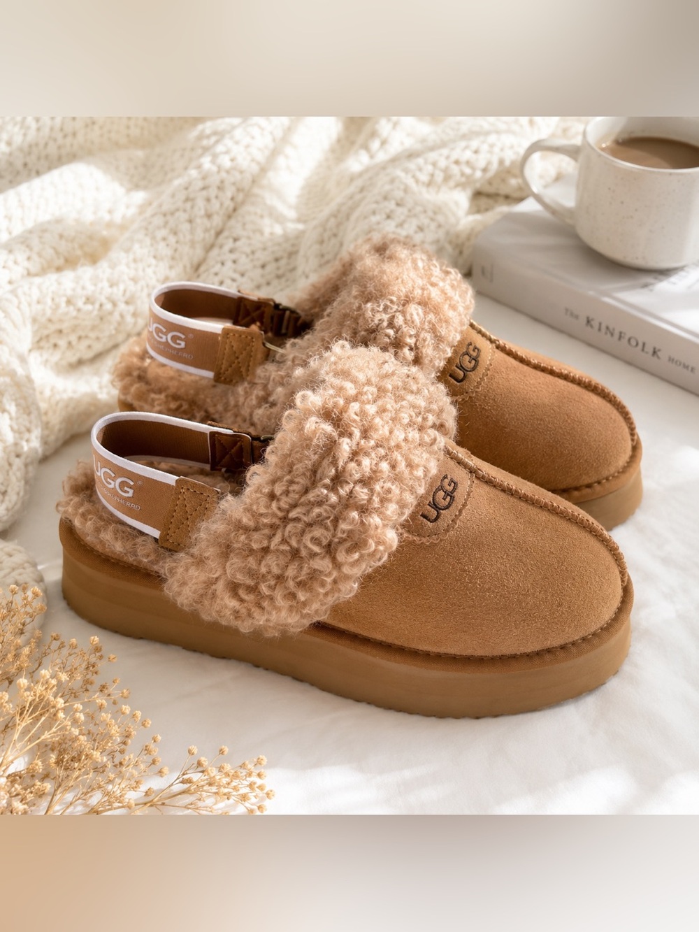 UGG Shearling Platform Slingback Slippers Chestnut
